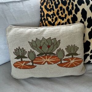 Vintage Needlepoint Lotus Pillow MCM